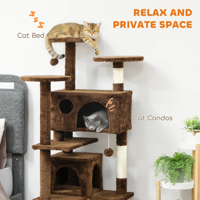 PawHut 54" Cat Tree, Multi-Level Cat Tower with Scratching Posts, Cat Condos, Bed, Platforms, Ramp, Toy Ball, Light Brown