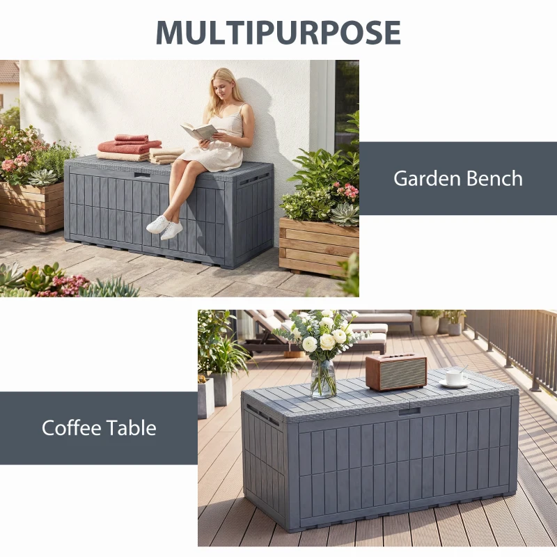 Outsunny 100 Gallon Resin Deck Box, Waterproof Lockable Outdoor Storage Box with Pneumatic Gas Rods, Side Handles