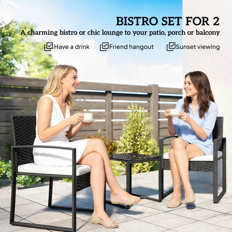 Outsunny Outdoor Bistro Set, 3 Piece Wicker Patio Furniture Set with Glass Top Table and Cushions for Porch, Balcony, Cream White