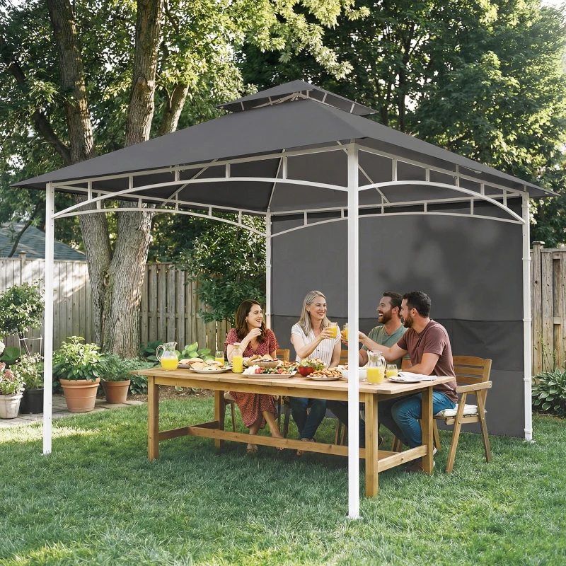 Outsunny 10' x 10' Patio Gazebo, Double Roof Outdoor Gazebo Canopy Shelter with Storage, Hook, Metal Frame, Dark Grey