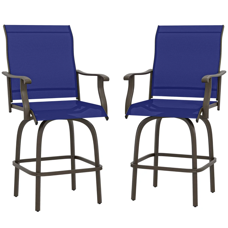 Outsunny Outdoor Bar Stools Set of 2, Swivel Bar Height Chairs with High Back, Curved Armrests and Steel Frame, Navy Blue