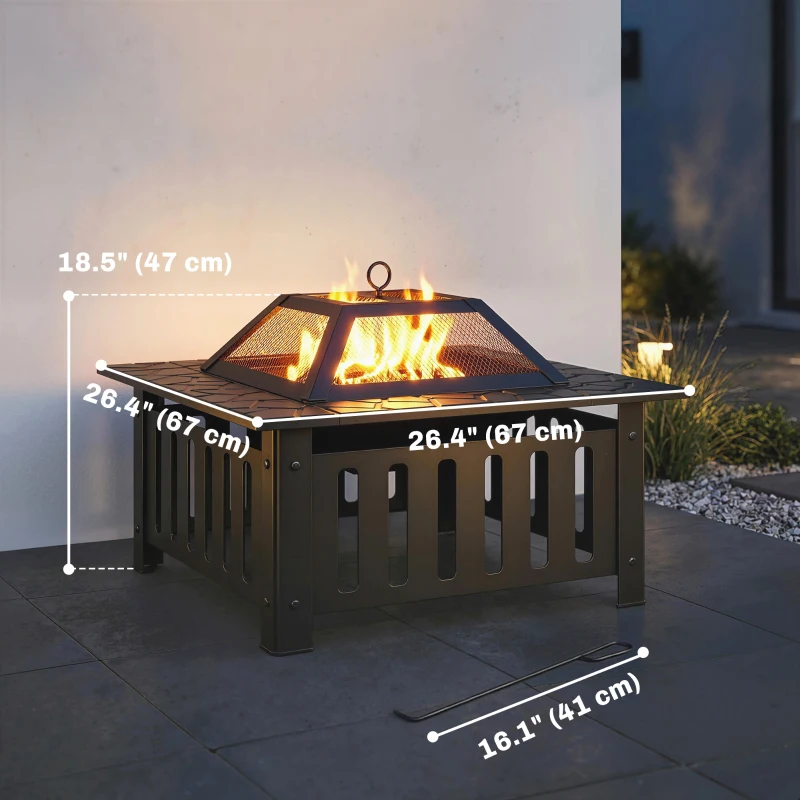 Outsunny 26" Outdoor Fire Pit with Fire Poker, Steel Square Wood Burning Firepit with Mesh Lid, Firepits, Black