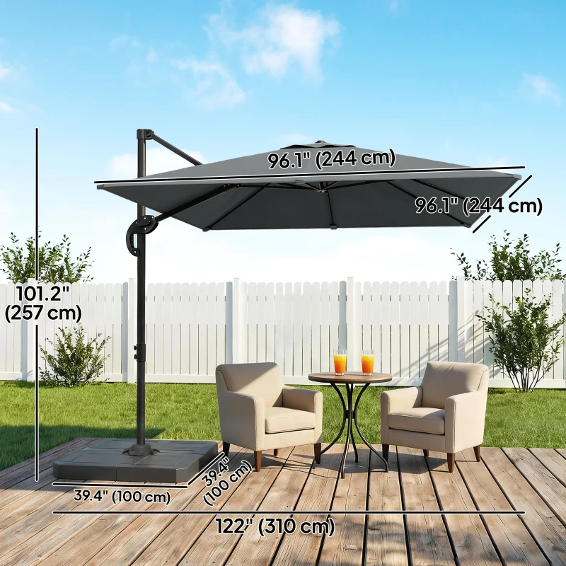 Outsunny 8' x 8' Offset Cantilever Patio Umbrella with Base Weights, UPF50+ Cantilever Parasol with 360° Rotation, Dark Grey