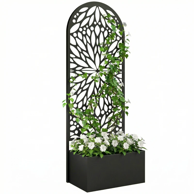 Outsunny Metal Raised Garden Bed with Trellis for Climbing Plants, Freestanding or Wall Mounted Flower Bed with Privacy Panel