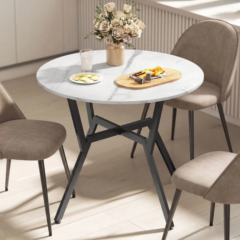 HOMCOM 35" Round Dining Table, Modern Dining Room Table with Steel Frame, Space Saving Small Kitchen Table, White Marble
