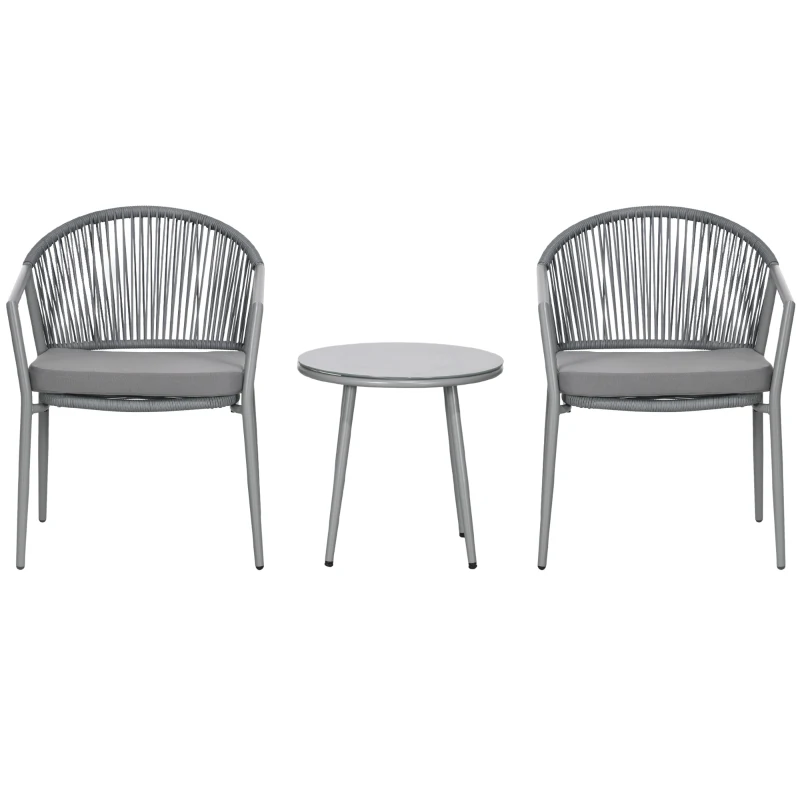 Outsunny 3-Piece Rattan Bistro Set, Garden Seating Group with 2 Armchairs and Coffee Table, Balcony Furniture Set, Grey