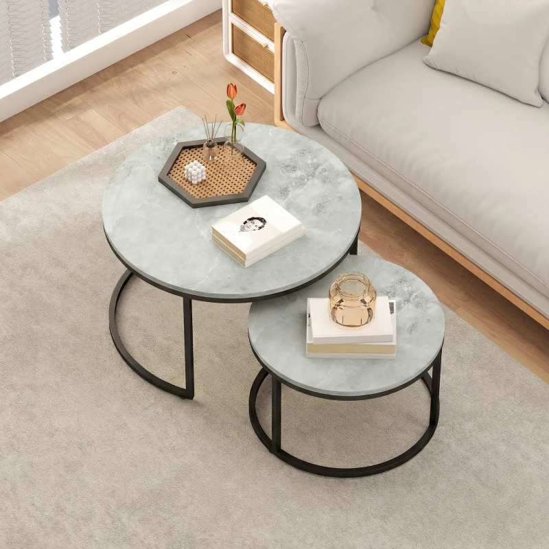 HOMCOM Modern Coffee Table Set of 2, Nesting Side Tables w/ Metal Base for Living Room Bedroom Office Marble Grey
