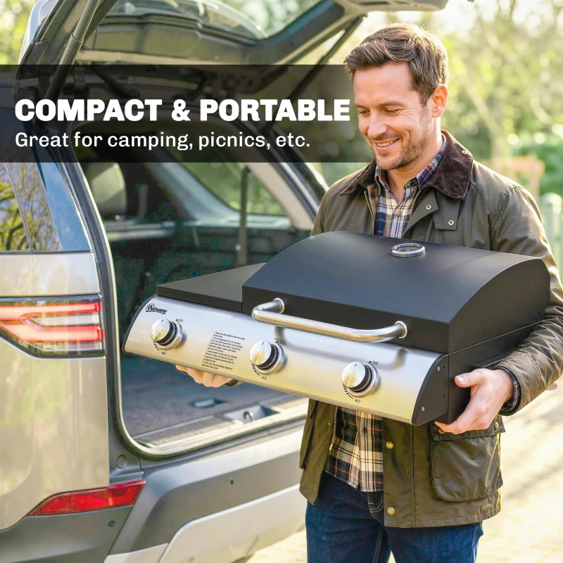 Outsunny 3 Burner Portable Propane Gas Grill Griddle, Tabletop Grill & Griddle Combo with Adjustable Foot Pads, 28,500 BTU, Black