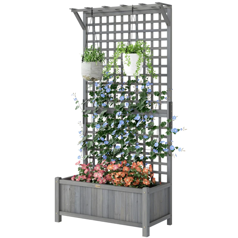 Outsunny Wood Planter with Trellis for Vine Climbing, Raised Garden Bed, Privacy Screen for Backyard, Patio, Deck, Dark Grey