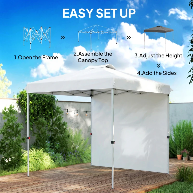 Outsunny 8 x 8 Pop Up Canopy with 1 Sidewall, Carry Bag and 4 Sand Bags, Height Adjustable Instant Sun Shelter, White