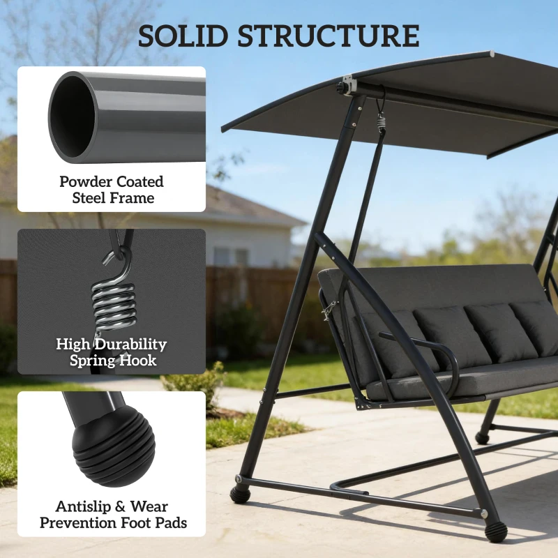 Outsunny Patio Swing Chair, 3 Person Convertible Hammock, Outdoor Swing Lounge Bed, Cushioned with Tilt Canopy, Dark Grey