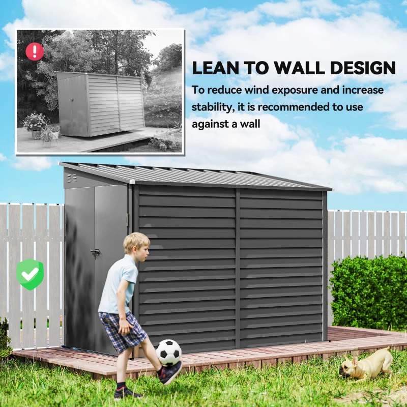 Outsunny 4.6' x 9' Steel Outdoor Storage Shed, Lean to Shed, Metal Tool House with Foundation Kit, Lockable Doors, Gloves and 2 Air Vents for Backyard, Patio, Lawn, Dark Grey