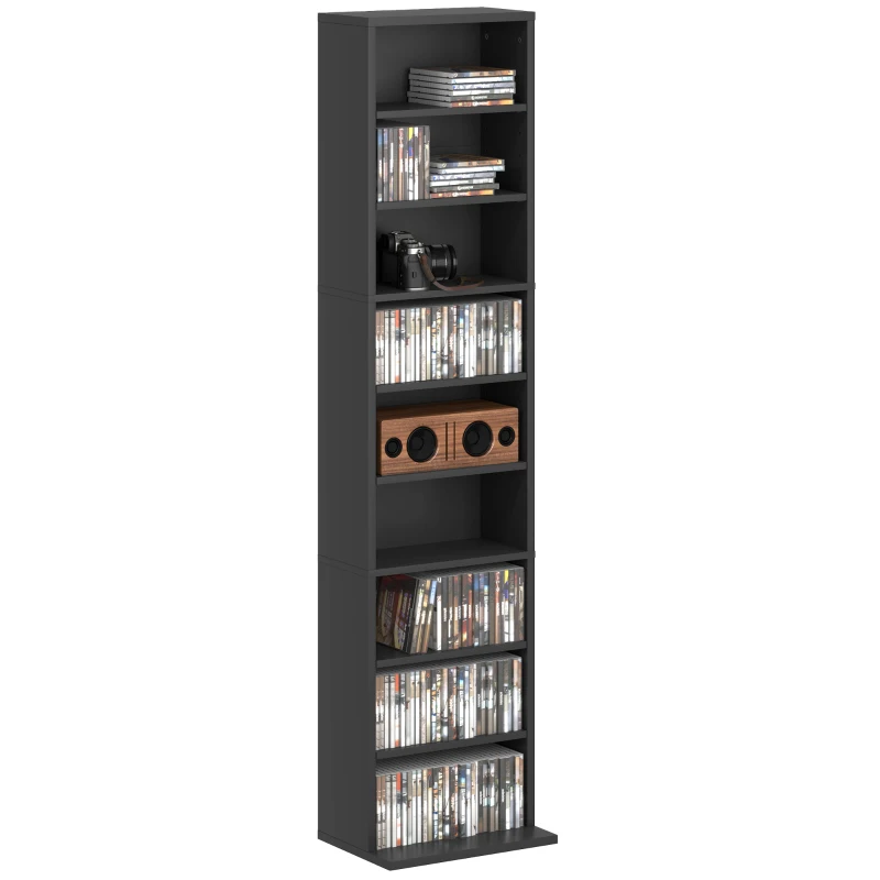 HOMCOM Media Storage Cabinet, 9-Tier Tall Narrow DVD Shelf with 6 Adjustable Shelves, Black