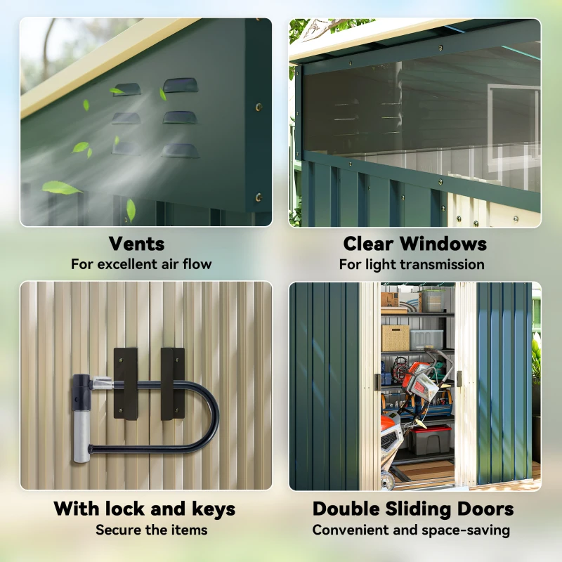 Outsunny 6.5x4FT Galvanised Metal Shed with Foundation Kit, Lockable Garden Tool Storage House with Sliding Doors, Vents, Green