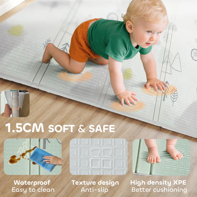Qaba Foldable Baby Plat Mat, 79" x 59" Kids Floor Mat for Crawling and Learning, Track & Elephant Theme