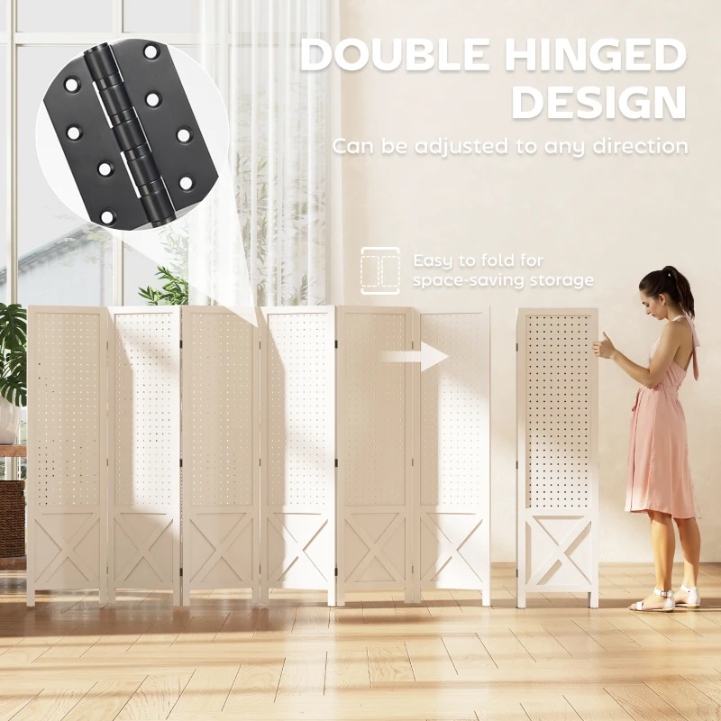HOMCOM 56.9" 6 Panel Wooden Room Divider with Pegboard Display, Folding Privacy Screen for Home Office, White