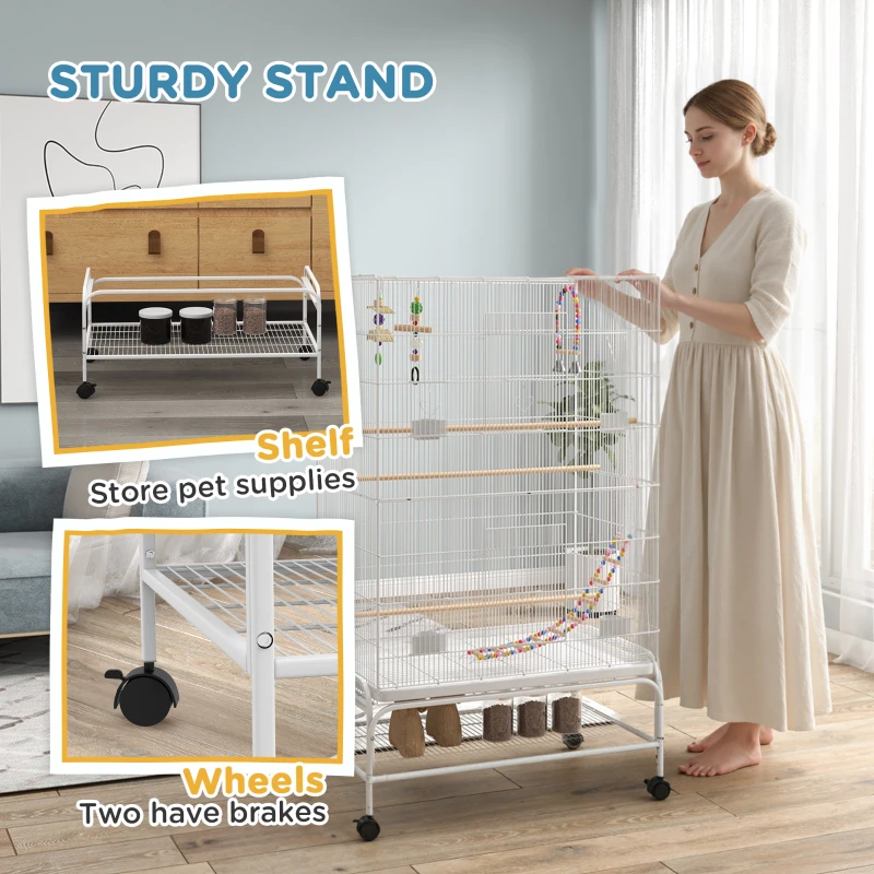 PawHut 52" Bird Cage with Rolling Stand, Toys, for Budgies Canaries White