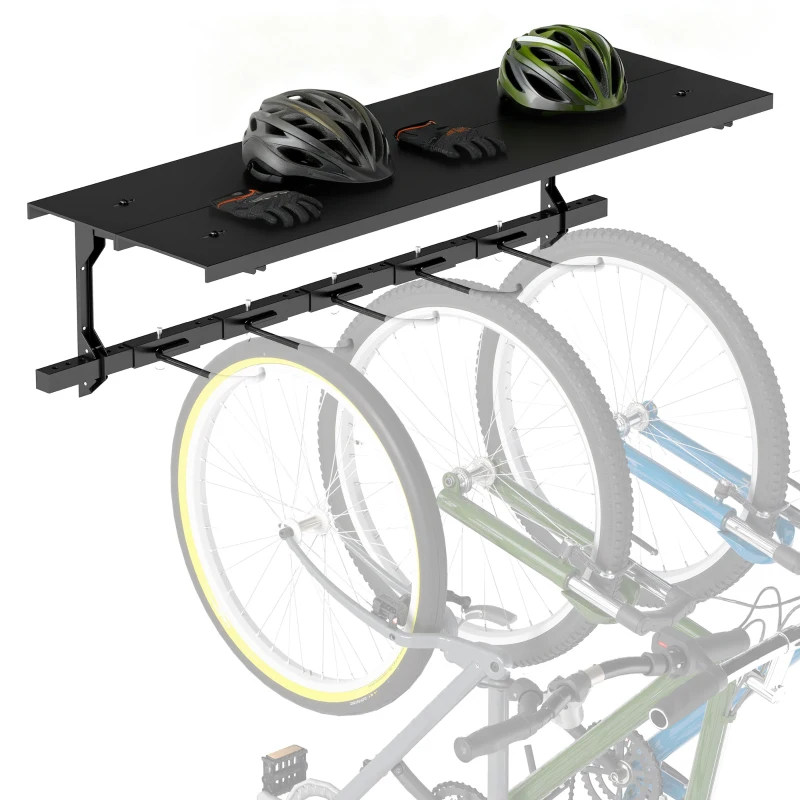 Soozier Bike Storage Rack for 5 Bikes, Wall Mounted Bicycle Rack with Shelf and Adjustable Hooks for Indoor Outdoor Use, Black