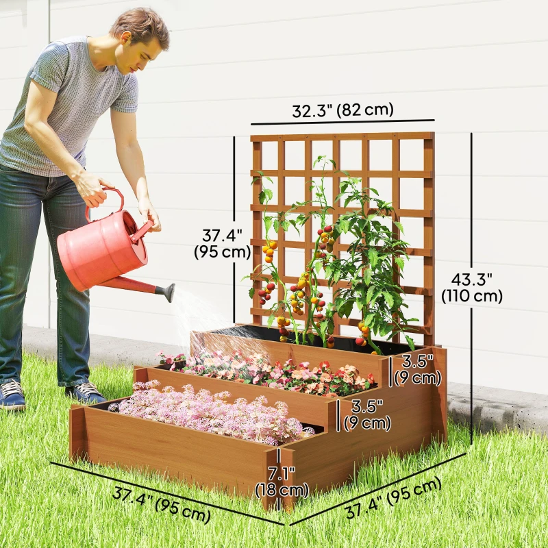 Outsunny Wooden Elevated Planter Box with Trellis for Climbing Plants, 3 Tier Raised Garden Bed for Garden, Outdoor, Brown