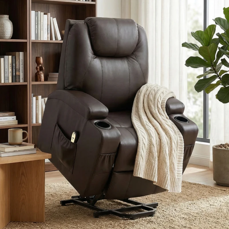 HOMCOM Power Lift Recliner Chair for Elderly, PU Leather Lift Chair with Thick and High Back, Footrest, Remote, Side Pockets, Cup Holders, Reclining Sofa for Living Room, Brown