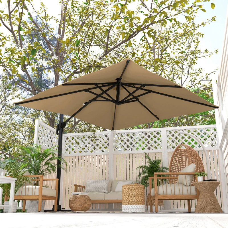 Outsunny 10ft Square Cantilever Patio Umbrella, 360° Rotating Overhanging Umbrella with Cross Base, Crank Handle, Khaki