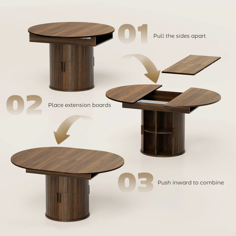 HOMCOM Extendable Dining Table for 6, 60" Farmhouse Kitchen Table with 2-Tier Storage Shelf and Fluted Sliding Doors, Walnut