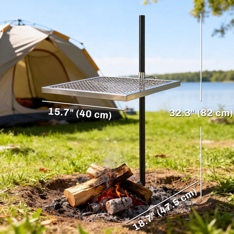 Outsunny Swivel Campfire Grill, 360° Adjustable Heavy Duty Chrome-Plated Steel Campfire Cooking Grate, Silver