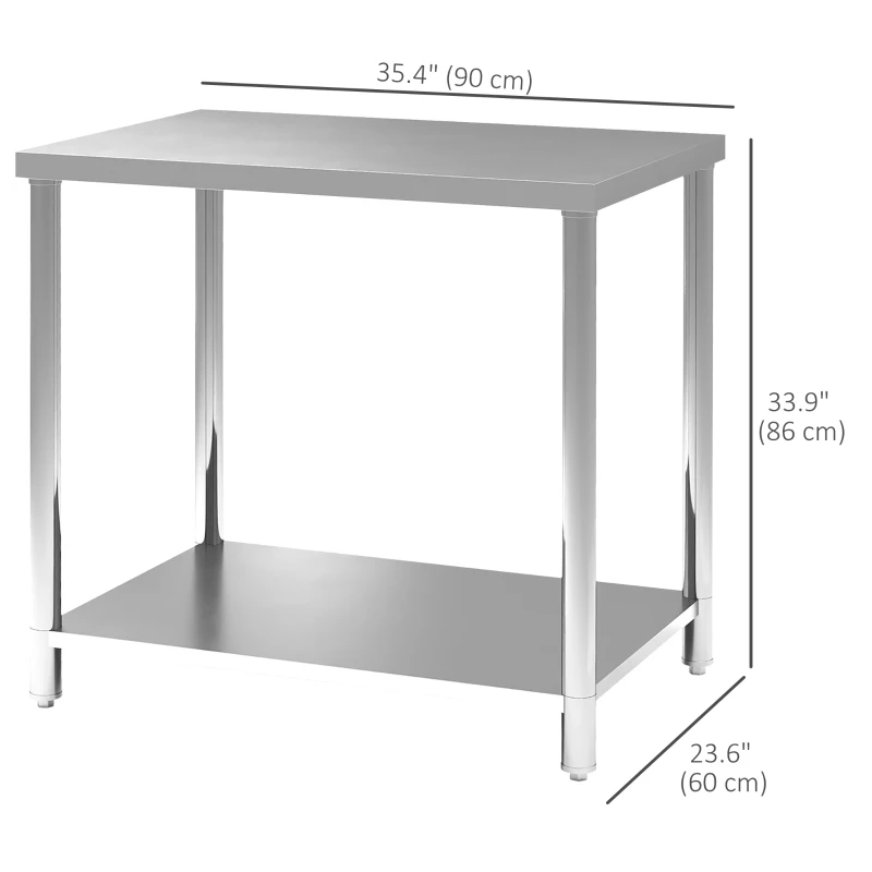HOMCOM Stainless Steel Workbench, 35 x 24 x 34 Inch, Heavy Duty Work Prep Table with Shelf, Workbench for Kitchen, Garage