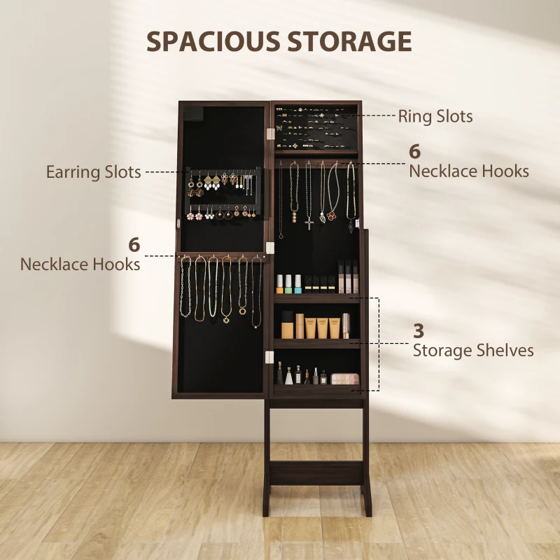 HOMCOM Free Standing Armoire Organizer, Lighted Mirrored Jewelry Cabinet w/ Angle Adjustable & 16 LED Lights, Dark Brown