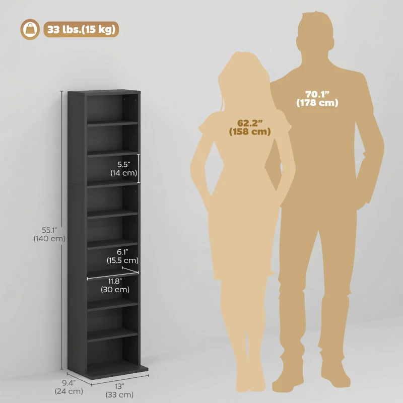 HOMCOM Media Storage Cabinet, 9-Tier Tall Narrow DVD Shelf with 6 Adjustable Shelves, Black