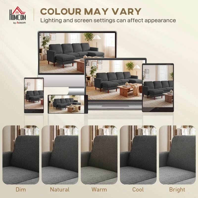 HOMCOM Sectional Sofa, Corduroy U Shaped Couch with Double Chaise and Spring Cushions, 2200lb Capacity, Dark Grey