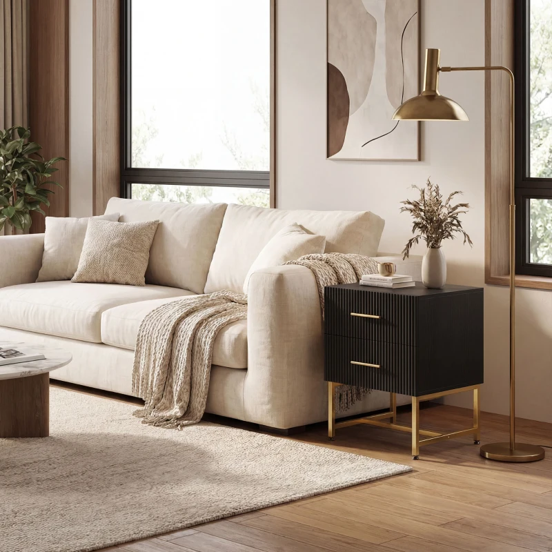 HOMCOM 2 Pieces Nightstands with Storage, Modern Bedside Tables with 2 Fluted Drawers and Gold Legs for Bedroom, Black