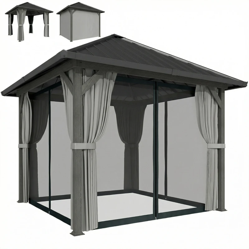 Outsunny 10' x 10' Hardtop Gazebo with Galvanized Steel Roof, Permanent Garden Gazebo with Netting and Curtains