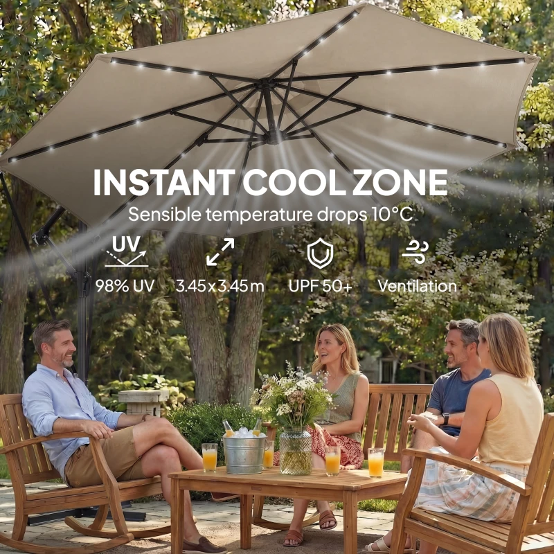 Outsunny 11.3 ft Cantilever Patio Umbrella with Light, Cover, Aluminium UPF50+ Offset Outdoor Umbrella Parasol, Khaki