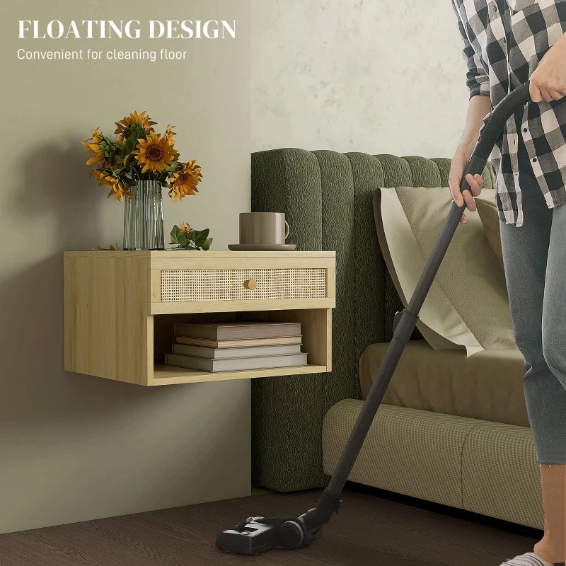 HOMCOM Floating Nightstand Set of 2, Nordic Wall Mounted Bedside Table with Drawer and Open Shelf for Bedroom, Natural Wood