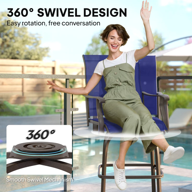 Outsunny Outdoor Bar Stools Set of 2, Swivel Bar Height Chairs with High Back, Curved Armrests and Steel Frame, Navy Blue