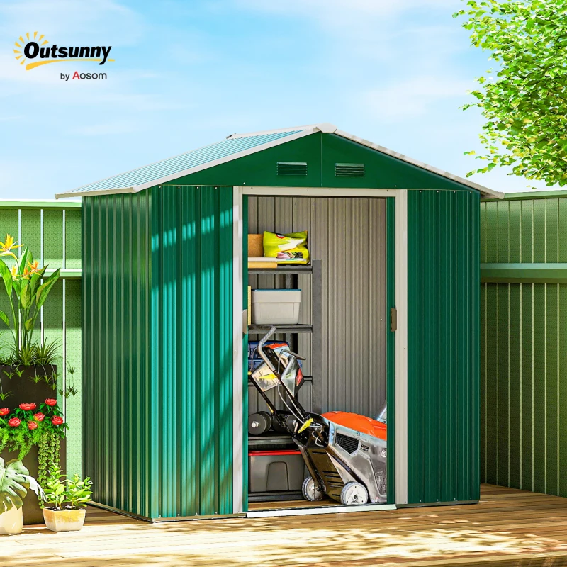 Outsunny 6.5x3.5ft Metal Garden Storage Shed for Outdoor Tool Storage with Double Sliding Doors and Vents, Green