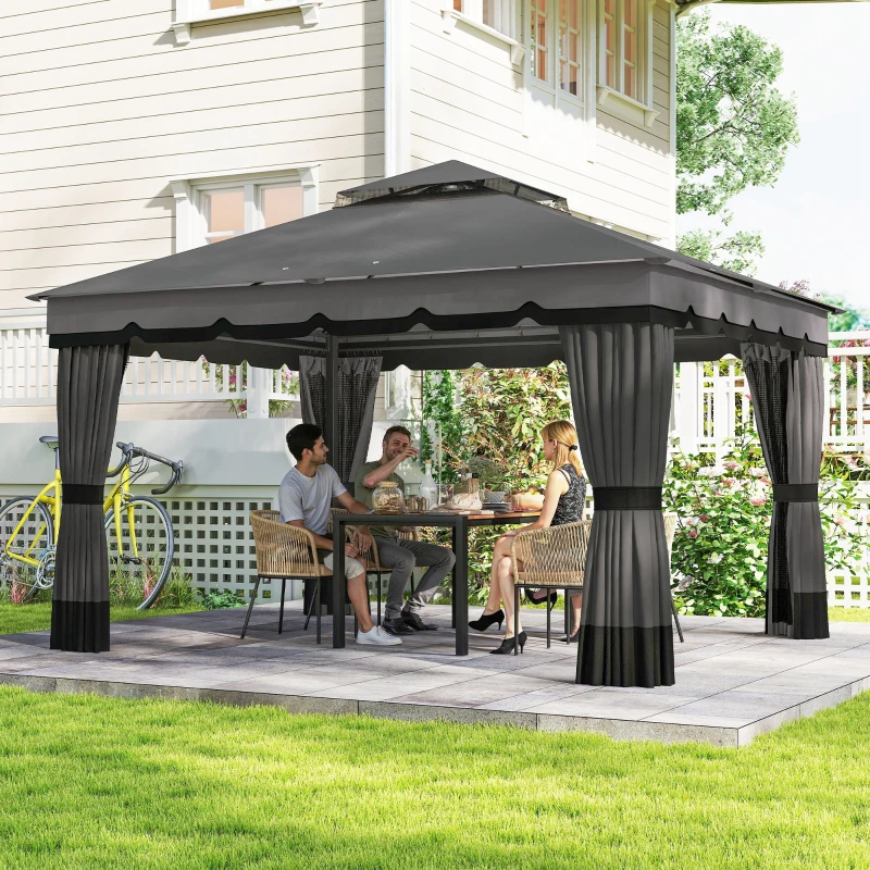 Outsunny 10' x 12' Double Roof Patio Gazebo Canopy, Outdoor Gazebo Shelter with Netting & Curtains, for Garden, Lawn and Deck