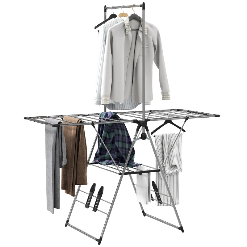 HOMCOM Clothes Drying Rack, Foldable Stainless Steel Laundry Drying Rack with Adjustable Gullwings and Shoe Holders, Silver