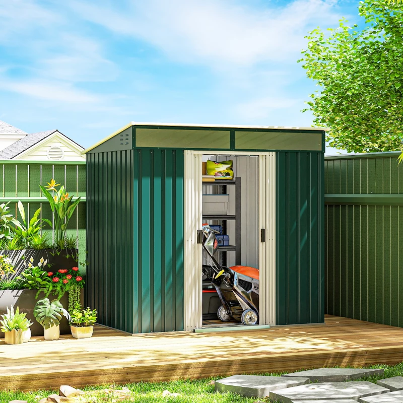 Outsunny 6.5x4FT Galvanised Metal Shed with Foundation Kit, Lockable Garden Tool Storage House with Sliding Doors, Vents, Green