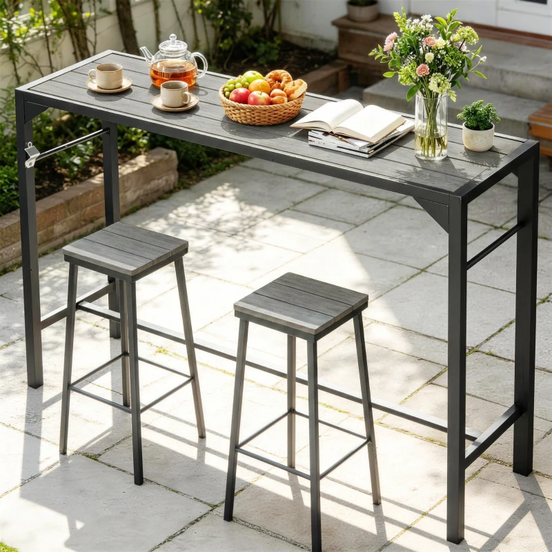 Outsunny Bar Height Outdoor Table with Built-In Bottle Opener, Patio Bar Table with Wood Grain Plastic Top, 55" x 15" x 39"