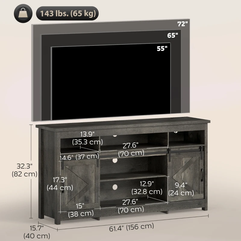 HOMCOM TV Stand with Power Outlets, Sliding Barn Doors and Adjustable Shelves for 72 Inch TVs, Dark Grey(m-3)