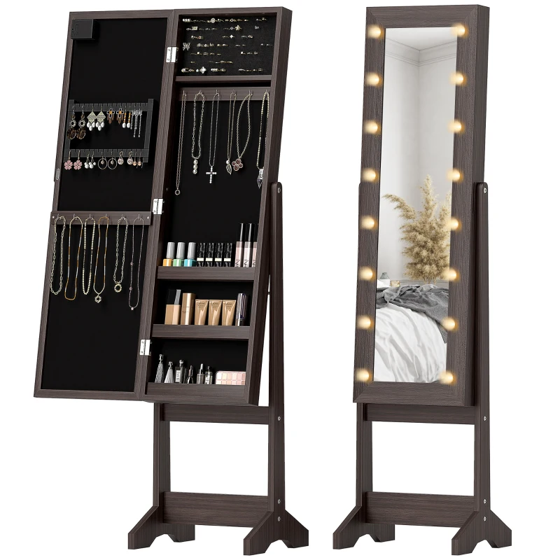 HOMCOM Free Standing Armoire Organizer, Lighted Mirrored Jewelry Cabinet w/ Angle Adjustable & 16 LED Lights, Dark Brown
