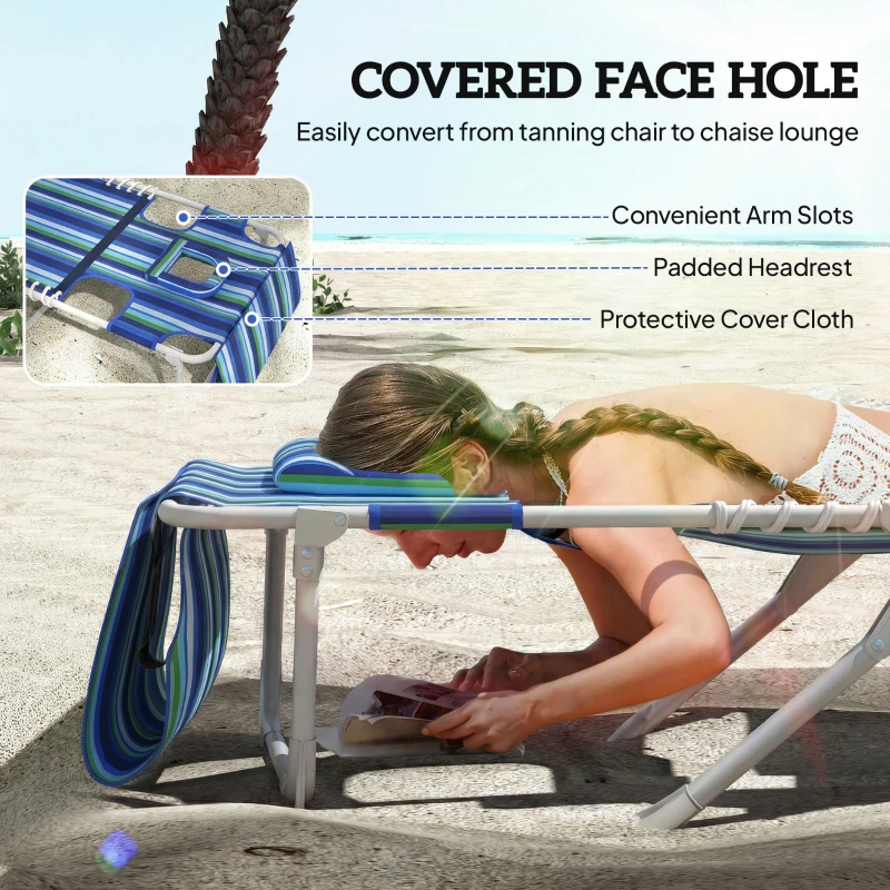 Outsunny Tanning Chair with Face Hole and Side Table, Folding Outdoor Lounge Chair with Carry Straps, Side Pocket, Blue Stripe