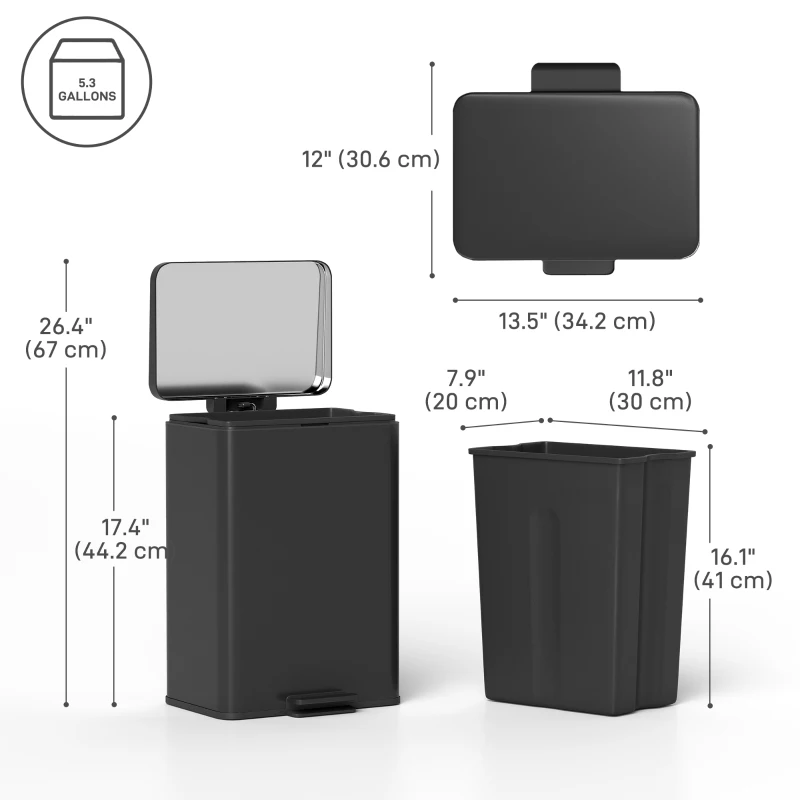 HOMCOM 5.3 Gallon/20 L Garbage Bin with Soft Close Lid, Trash Can with Removable Inner Bucket for Kitchen, Office, Matte Black