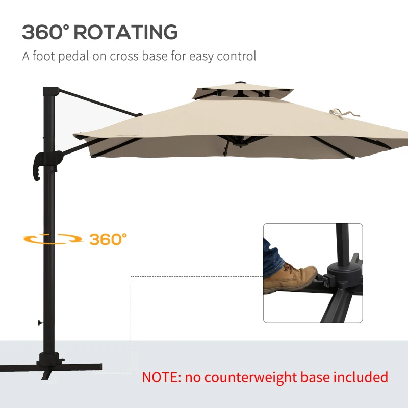 Outsunny 10ft Square Cantilever Patio Umbrella, 360° Rotating Overhanging Umbrella with Cross Base, Crank Handle, Khaki