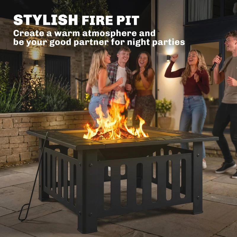 Outsunny 26" Outdoor Fire Pit with Fire Poker, Steel Square Wood Burning Firepit with Mesh Lid, Firepits, Black