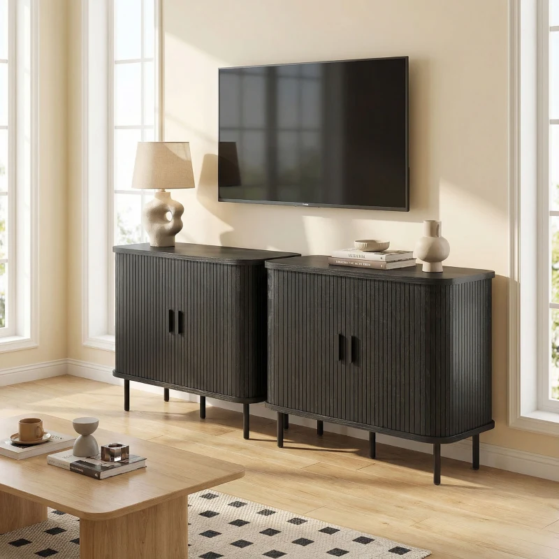 HOMCOM 35.4" Sideboard Buffet Cabinet with Storage, Nordic Coffee Bar Cabinet with Slatted Tambour Doors and Metal Legs, Black