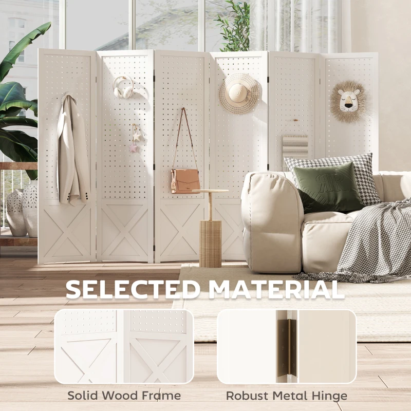 HOMCOM 56.9" 6 Panel Wooden Room Divider with Pegboard Display, Folding Privacy Screen for Home Office, White