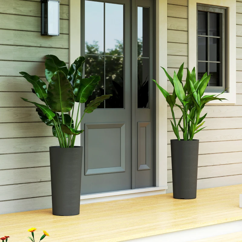 Outsunny 24" Tall Planters Set of 2, Indoor Outdoor Plastic Flower Pots with Inner Bucket and Drainage Holes, Dark Gray